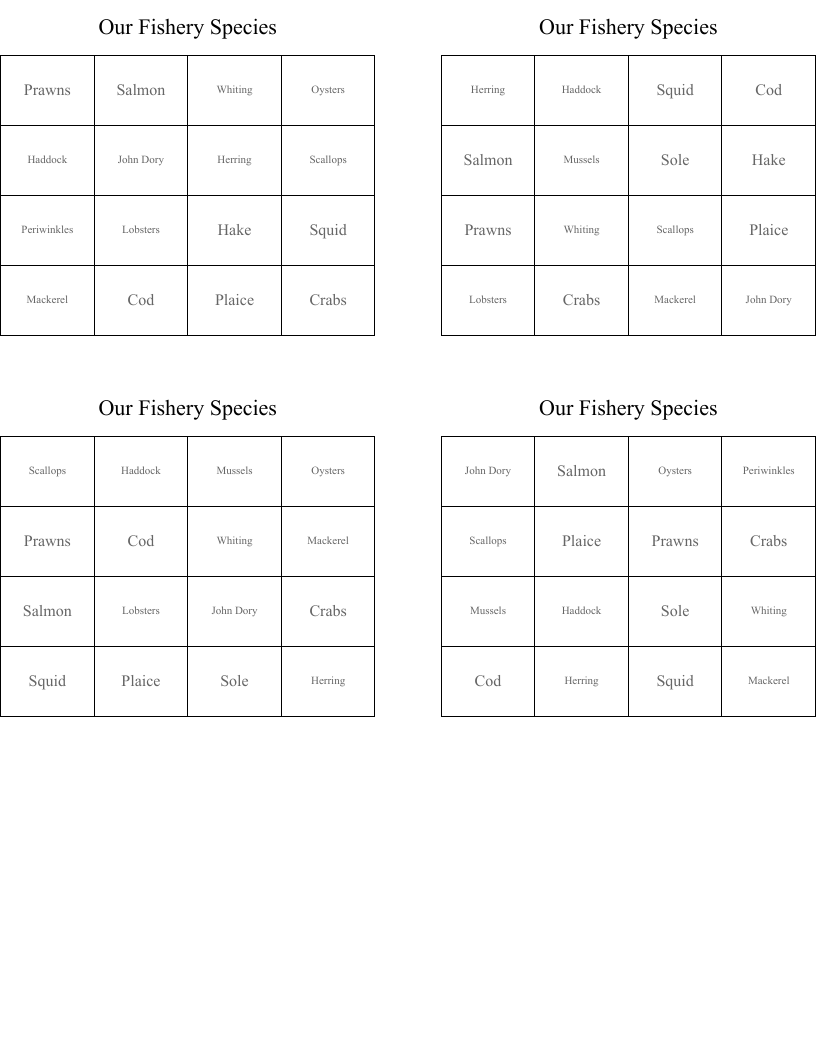 Our Fishery Species Bingo Cards