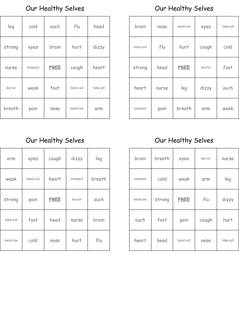 Our Healthy Selves Bingo Cards