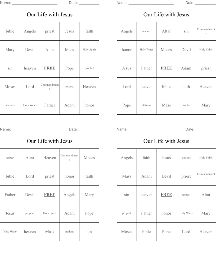 Our Life with Jesus Bingo Cards
