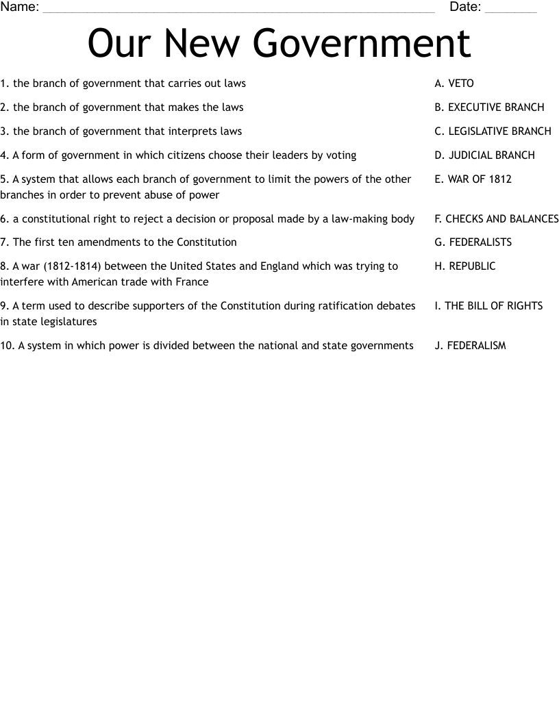 Our New Government Worksheet