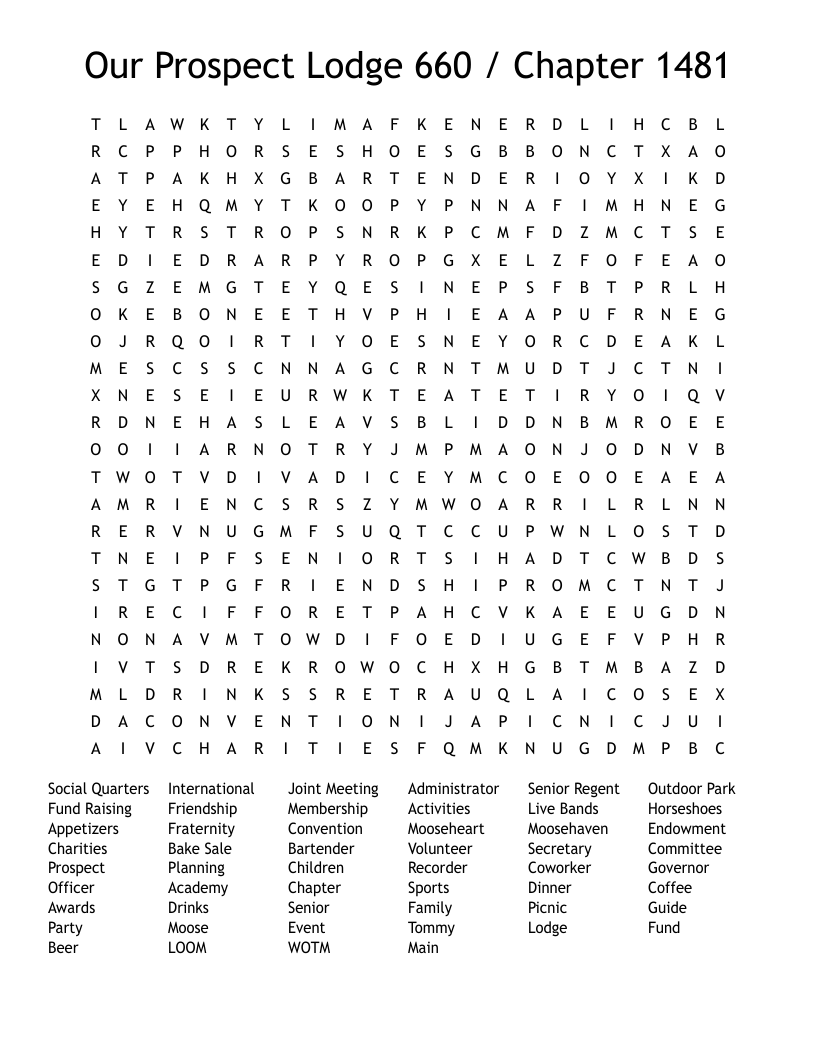 Our Prospect Lodge 660 / Chapter 1481 Word Search