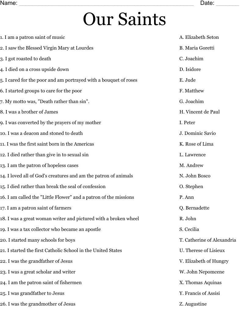Our Saints Worksheet