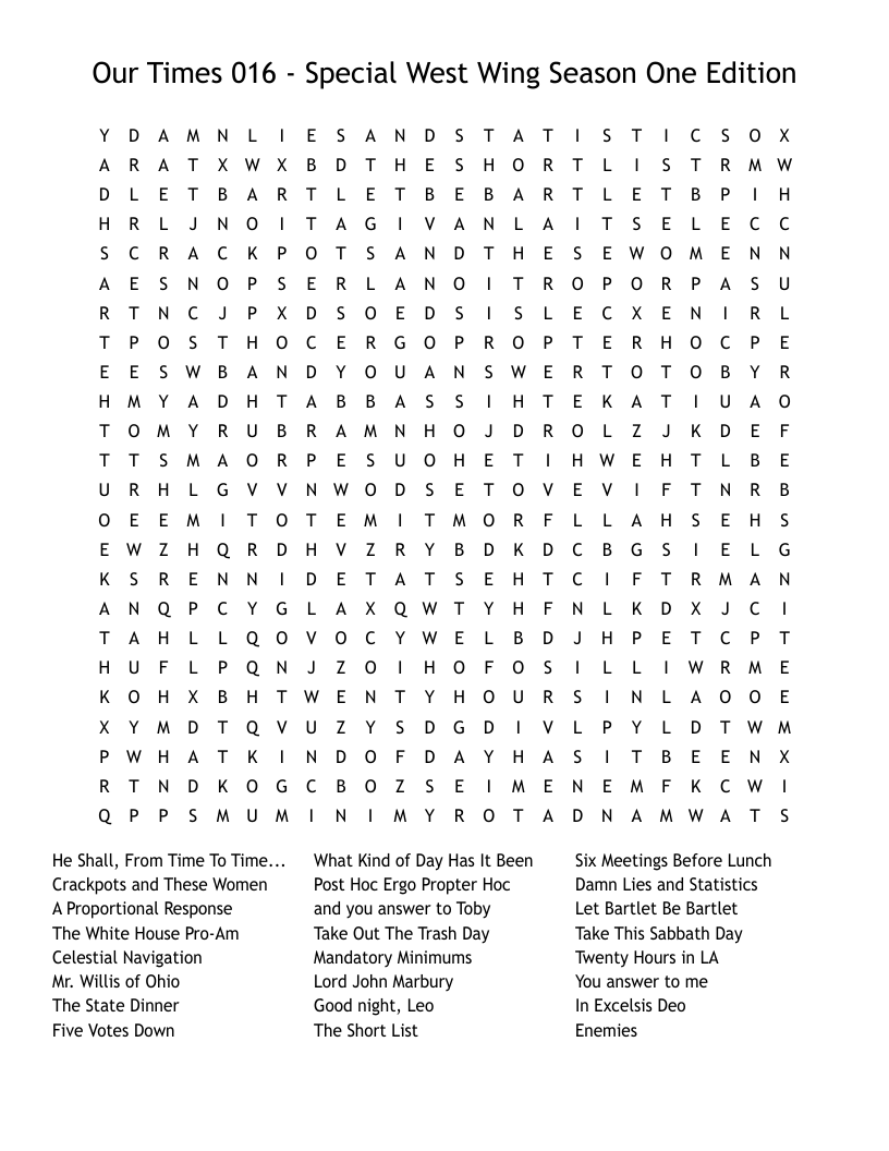 Our Times 016 - Special West Wing Season One Edition Word Search