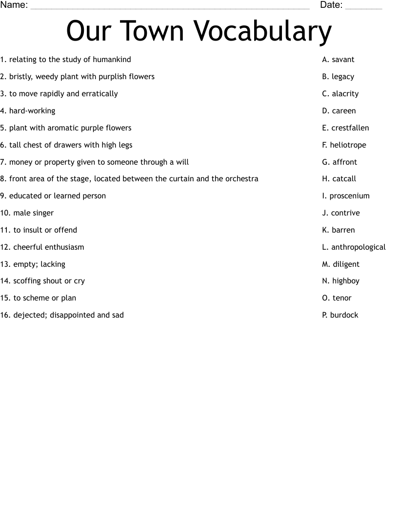 Our Town Vocabulary Worksheet