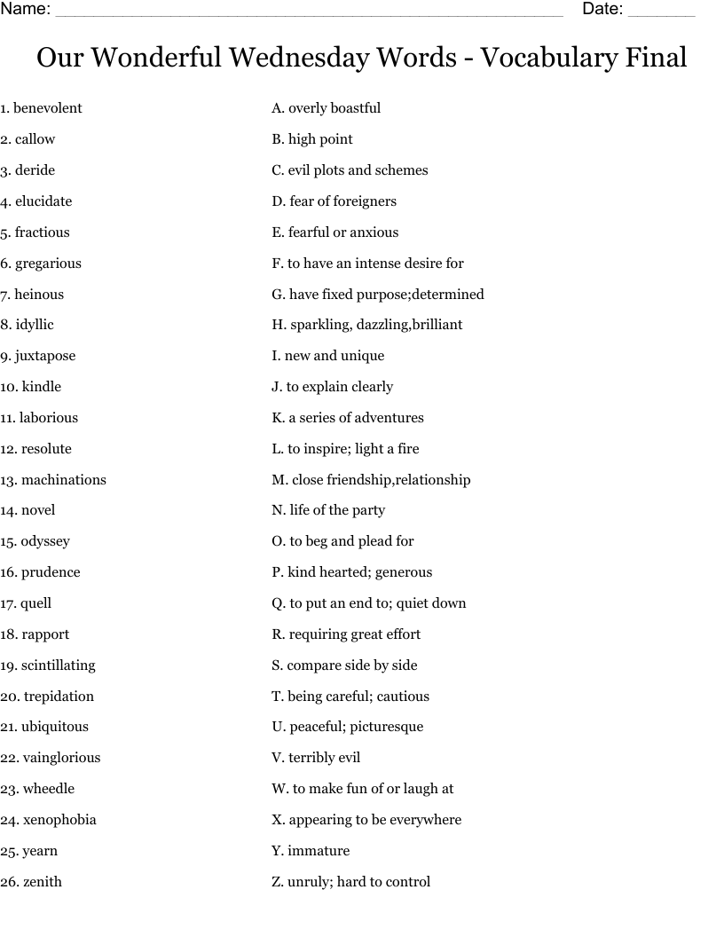 Our Wonderful Wednesday Words - Vocabulary Final Worksheet