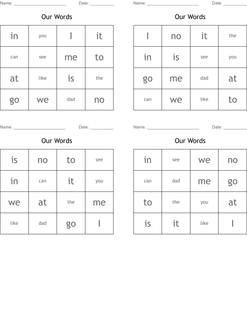 Our Words Bingo Cards