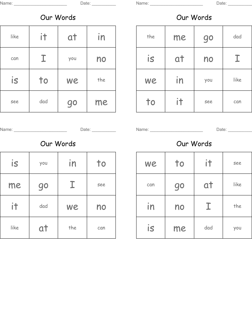Our Words Bingo Cards