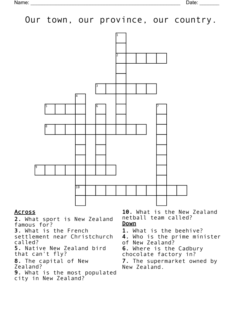 Our town, our province, our country. Crossword