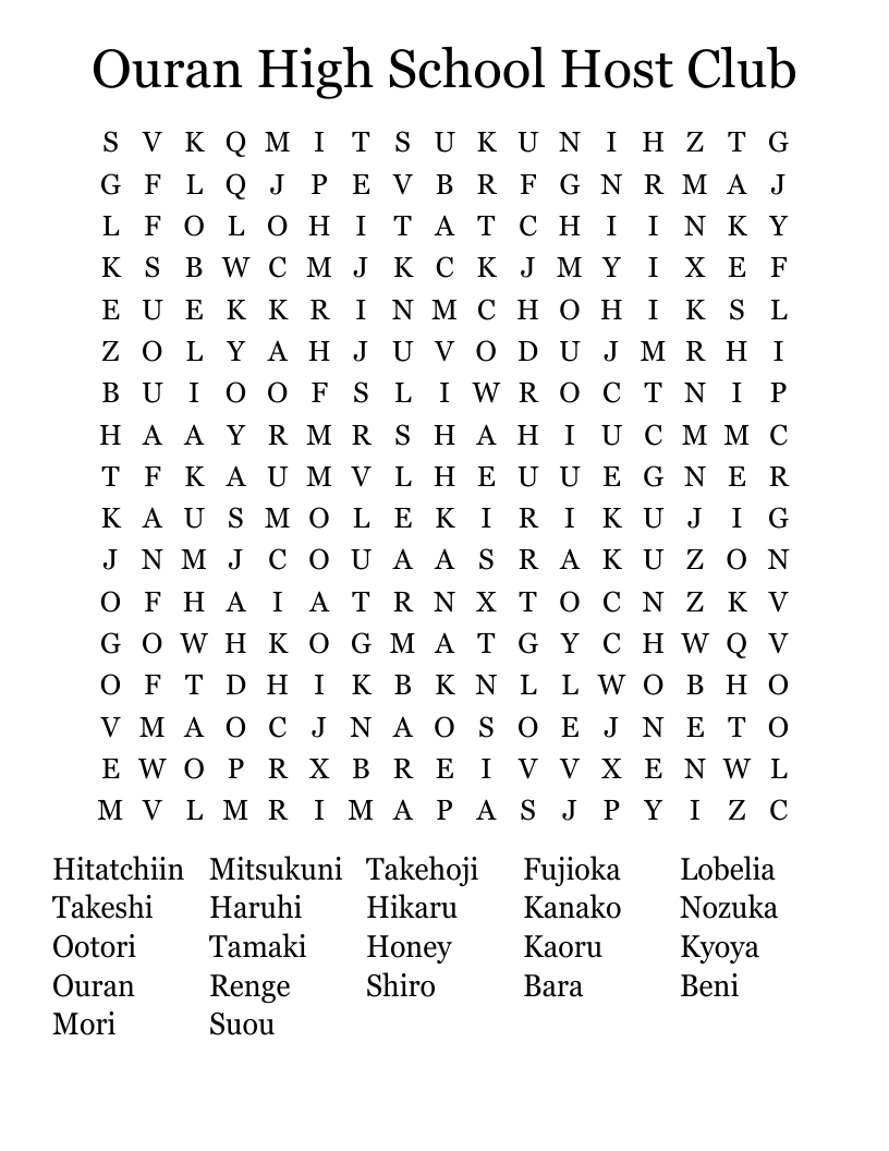 Ouran High School Host Club Word Search