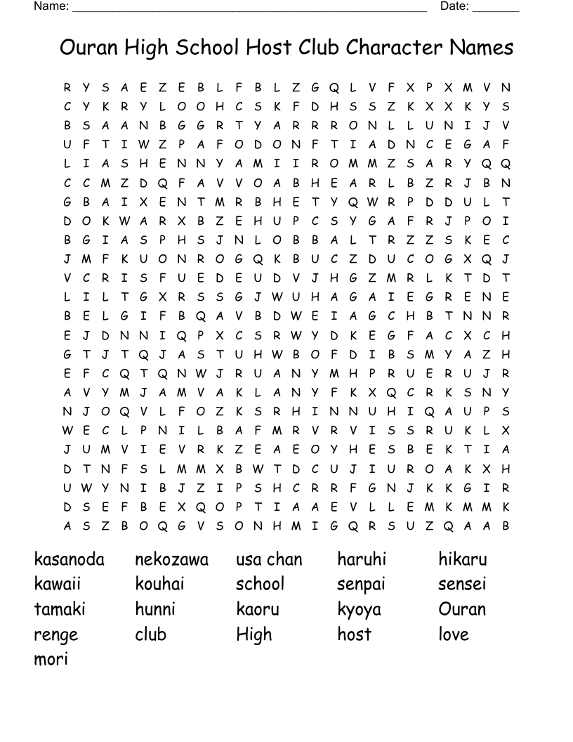 Ouran High School Host Club Character Names Word Search
