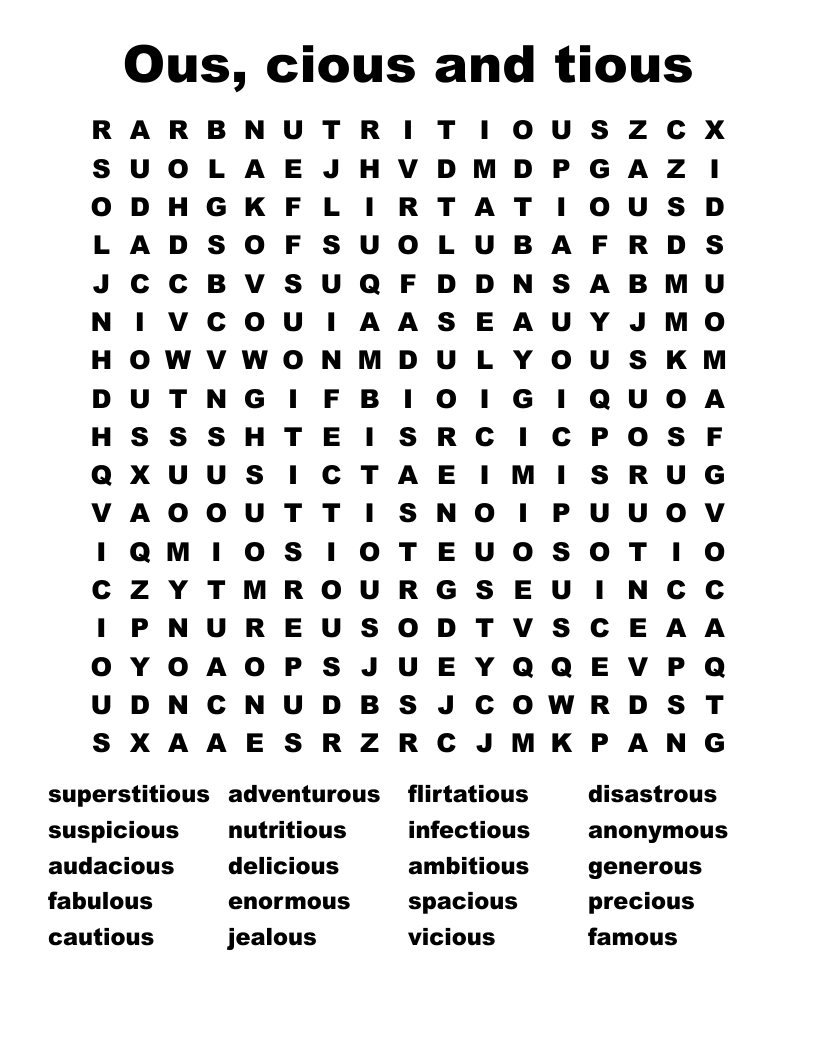 Ous, cious and tious Word Search