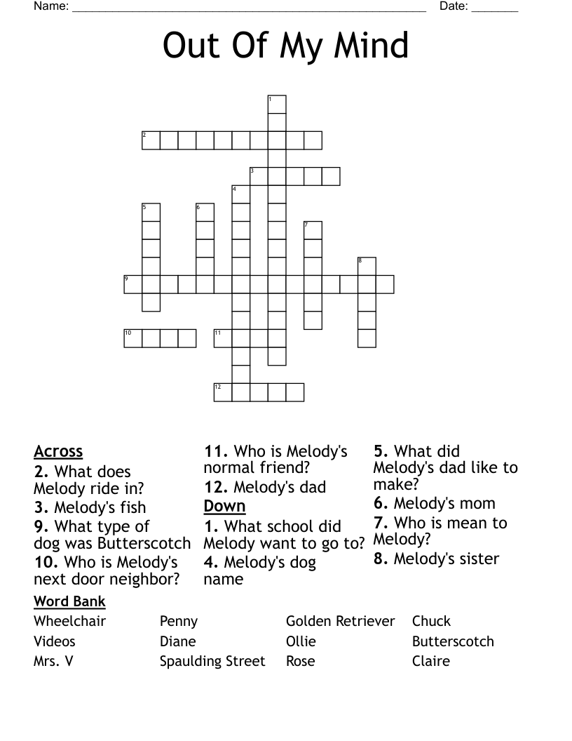 Out Of My Mind Crossword
