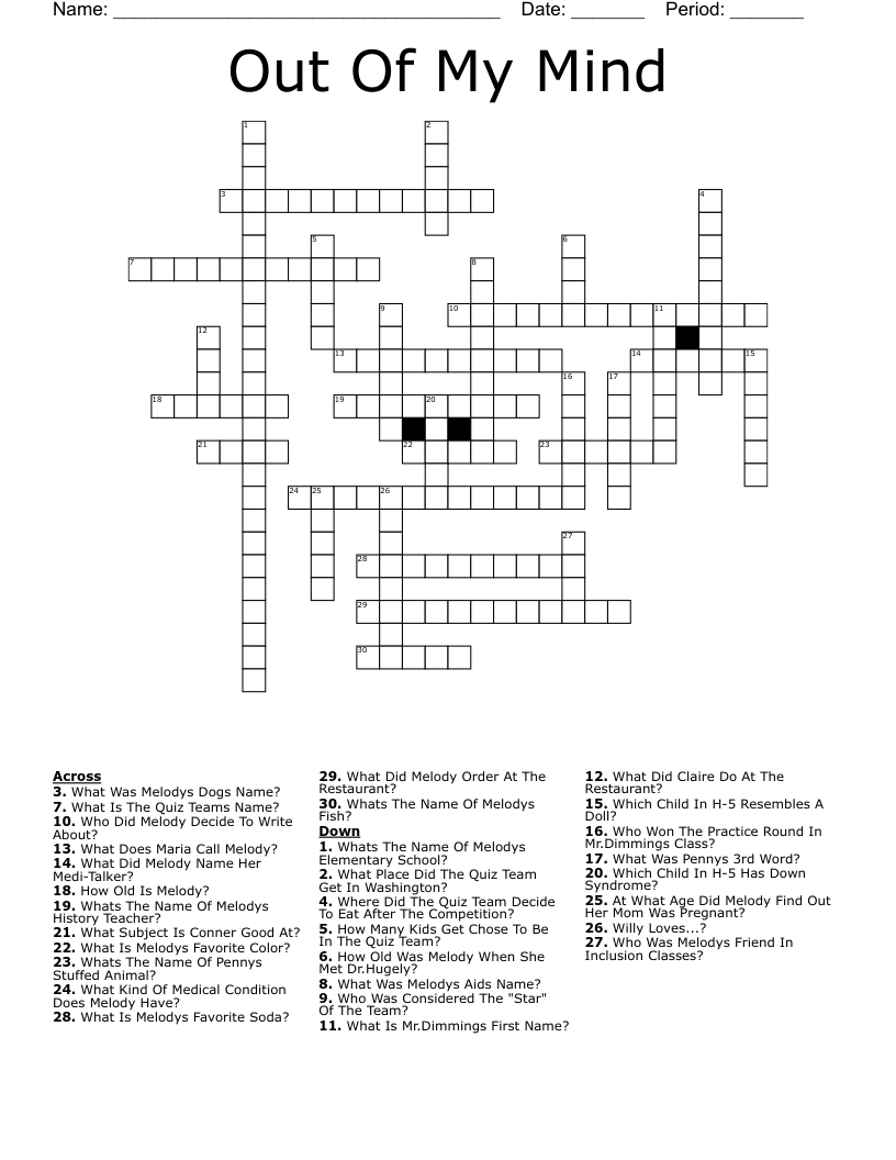 Out Of My Mind Crossword