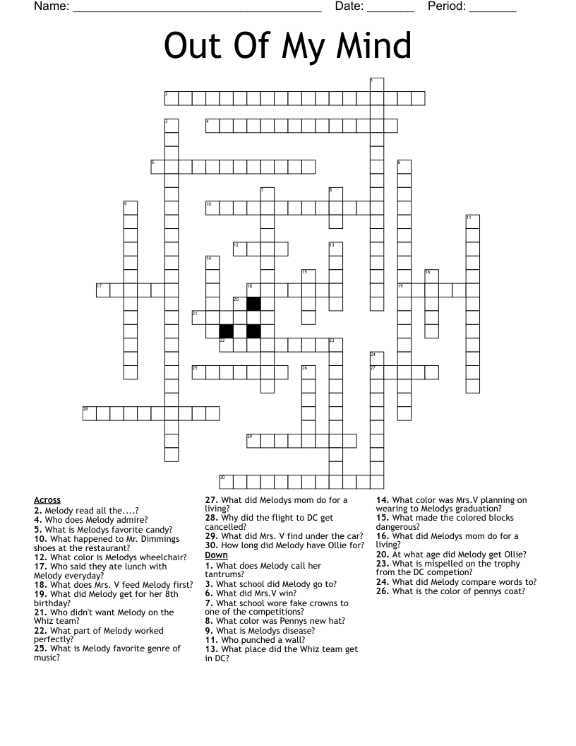Out Of My Mind Crossword