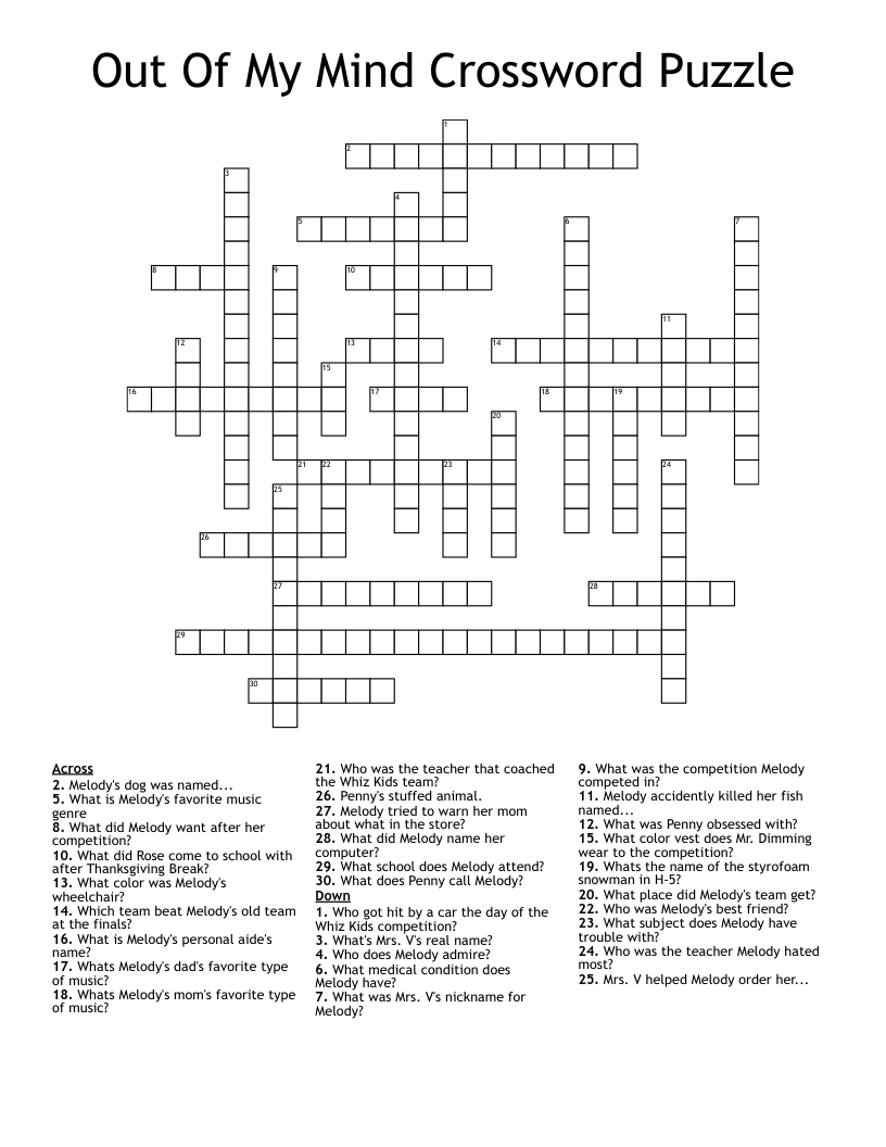 Out Of My Mind Crossword Puzzle