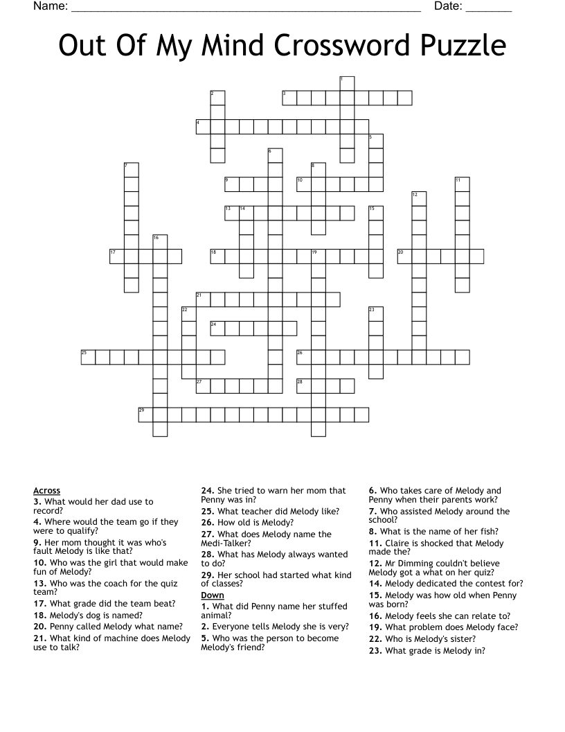 Out Of My Mind Crossword Puzzle