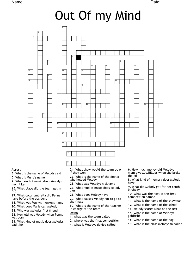 Out Of my Mind Crossword