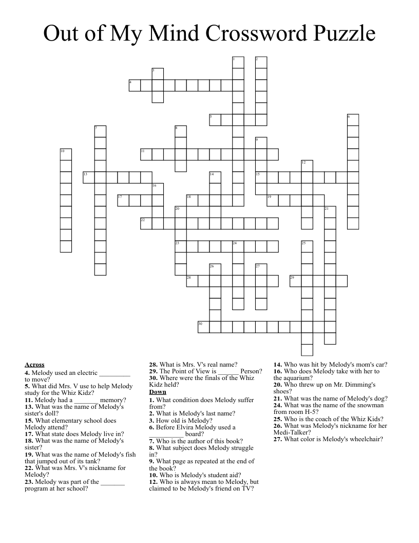 Out of My Mind Crossword Puzzle