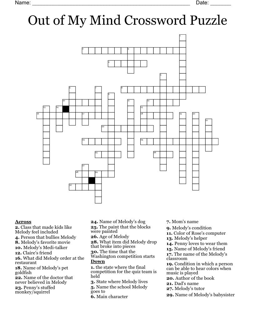Out of My Mind Crossword  Puzzle