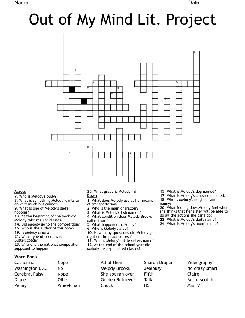 Out of My Mind Lit. Project Crossword
