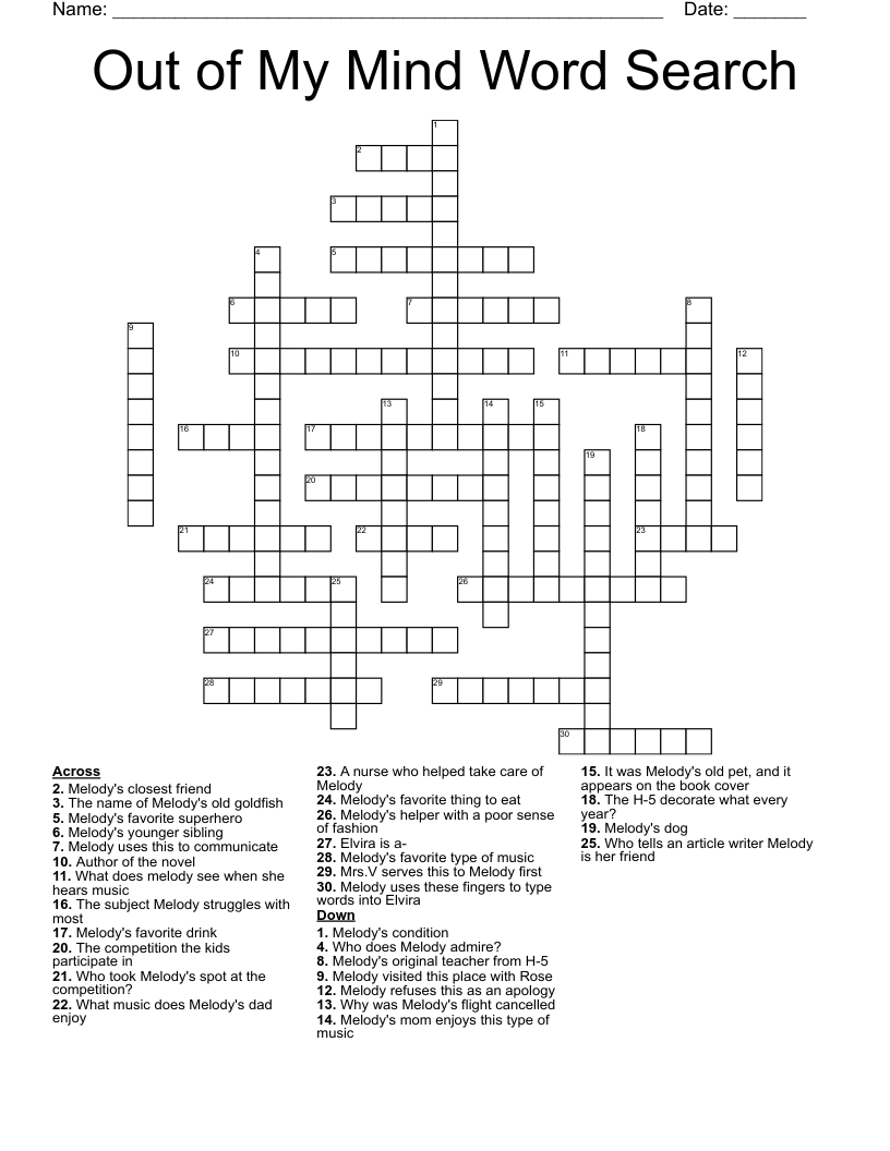 Out of My Mind Word Search Crossword