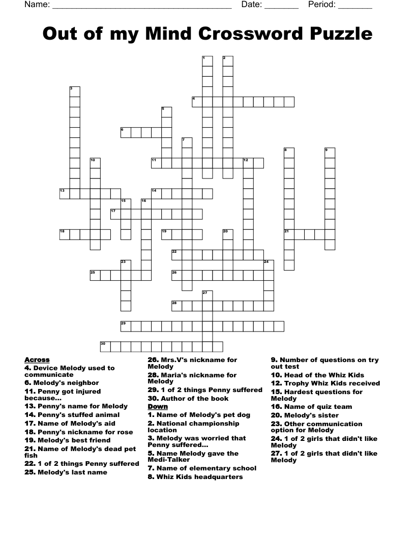 Out of my Mind Crossword Puzzle