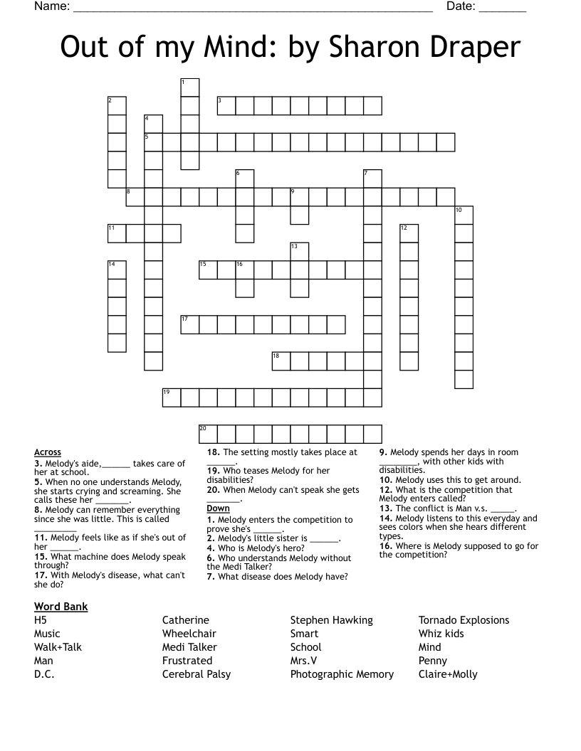 Out of my Mind: by Sharon Draper Crossword