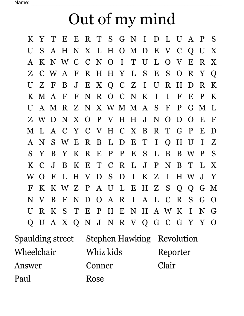 Out of my mind Word Search