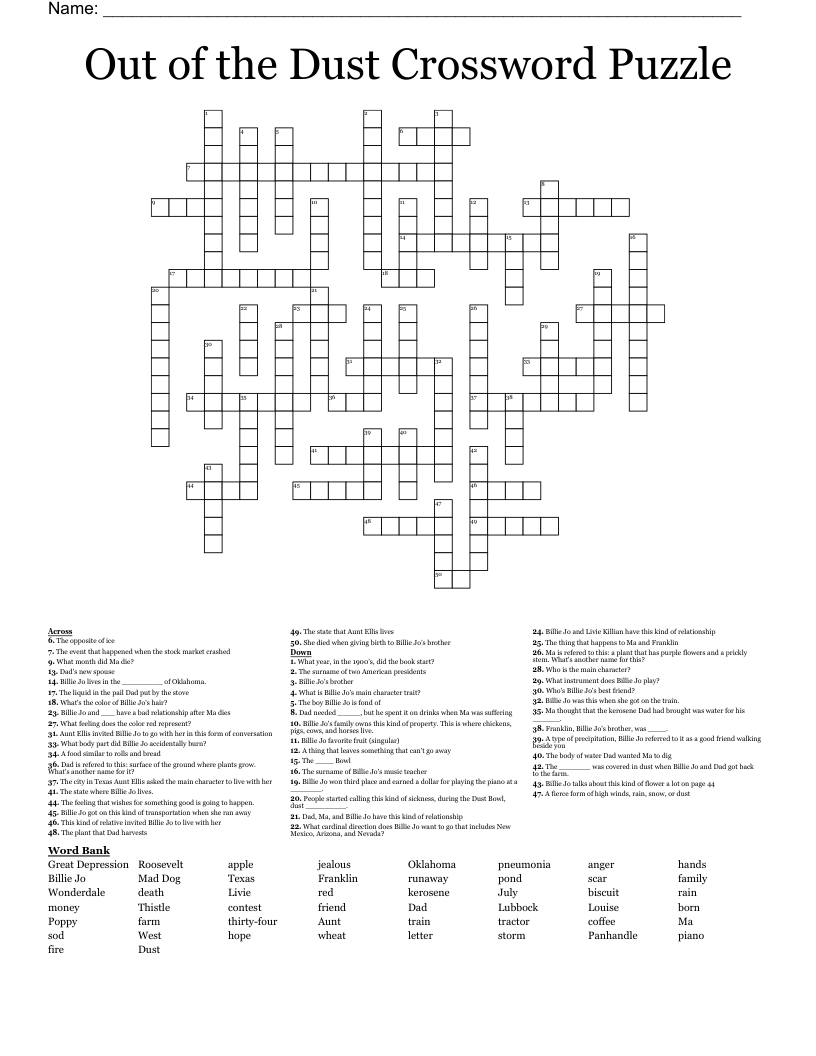 Out of the Dust Crossword Puzzle