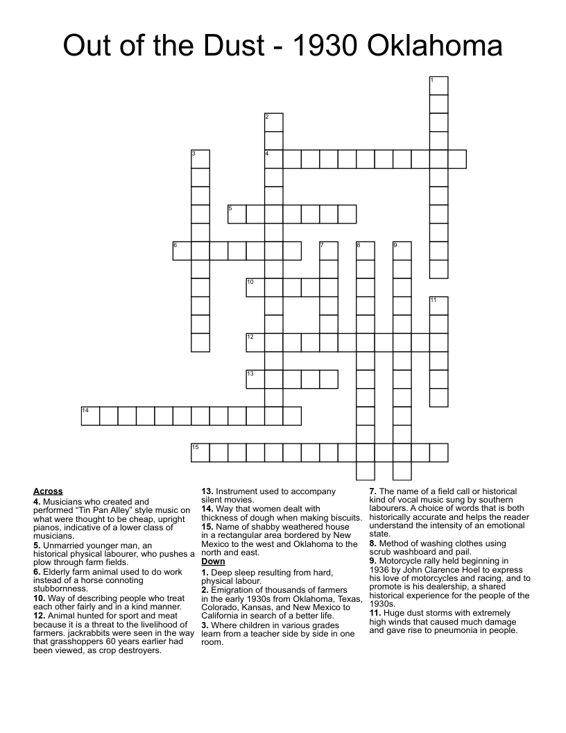Out of the Dust - 1930 Oklahoma  Crossword