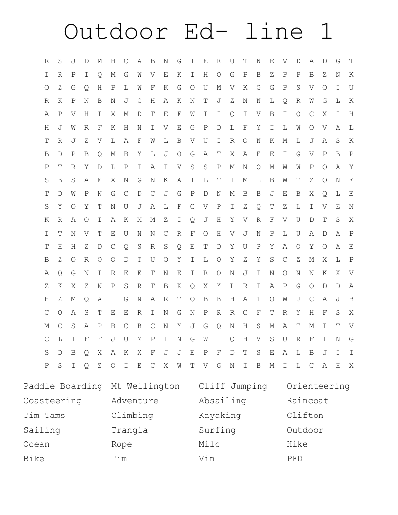 Outdoor Ed- line 1 Word Search