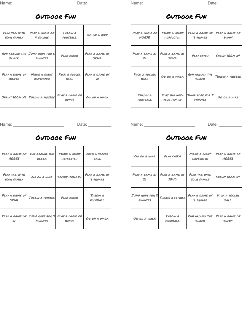 Outdoor Fun Bingo Cards