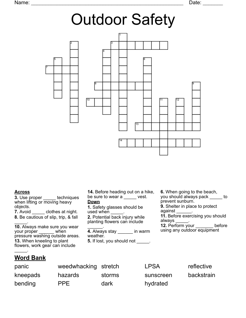 Outdoor Safety Crossword