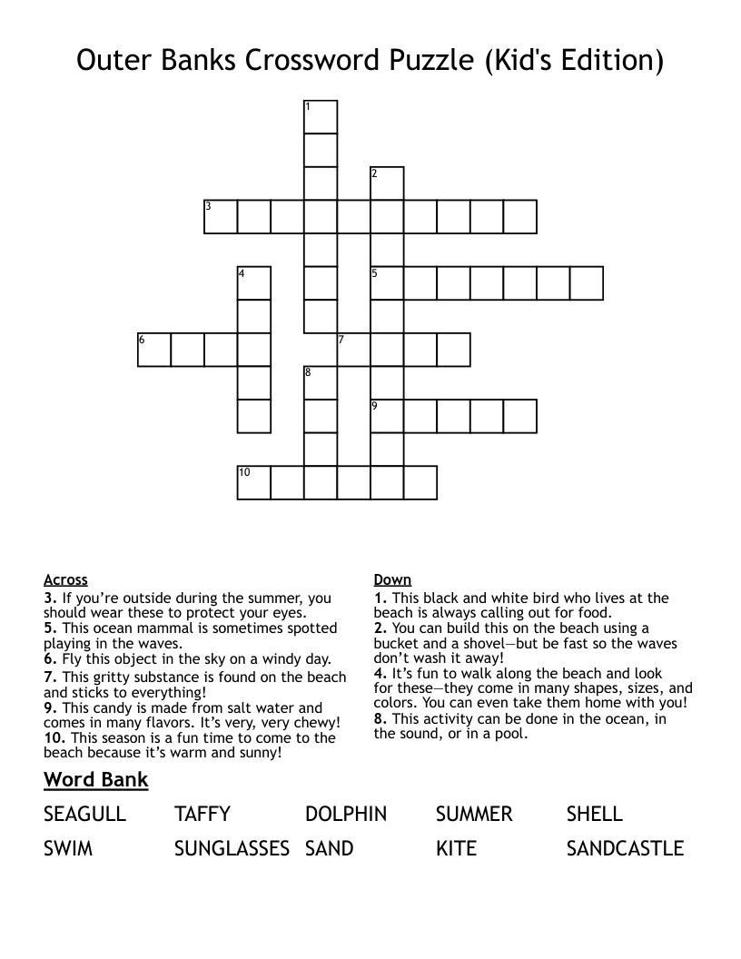 Outer Banks Crossword Puzzle (Kid's Edition)