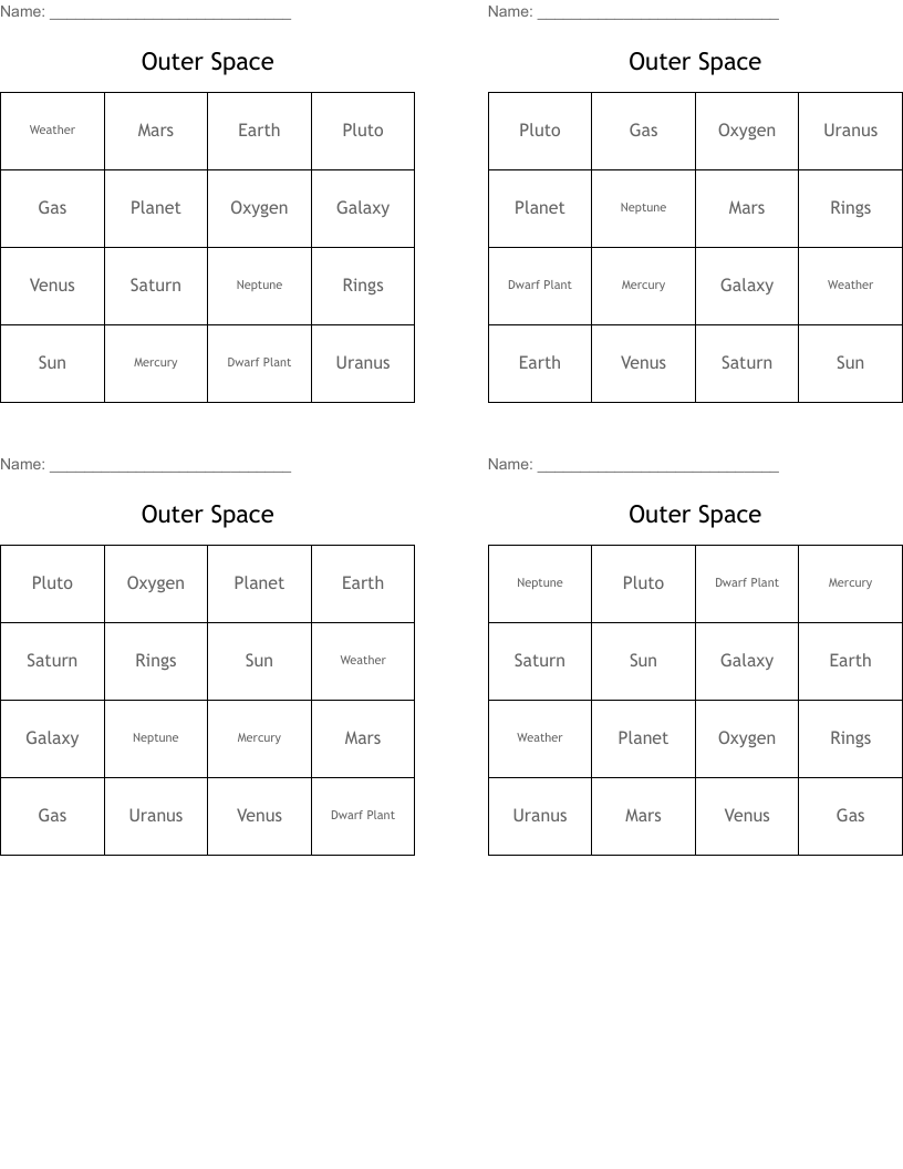 Outer Space Bingo Cards