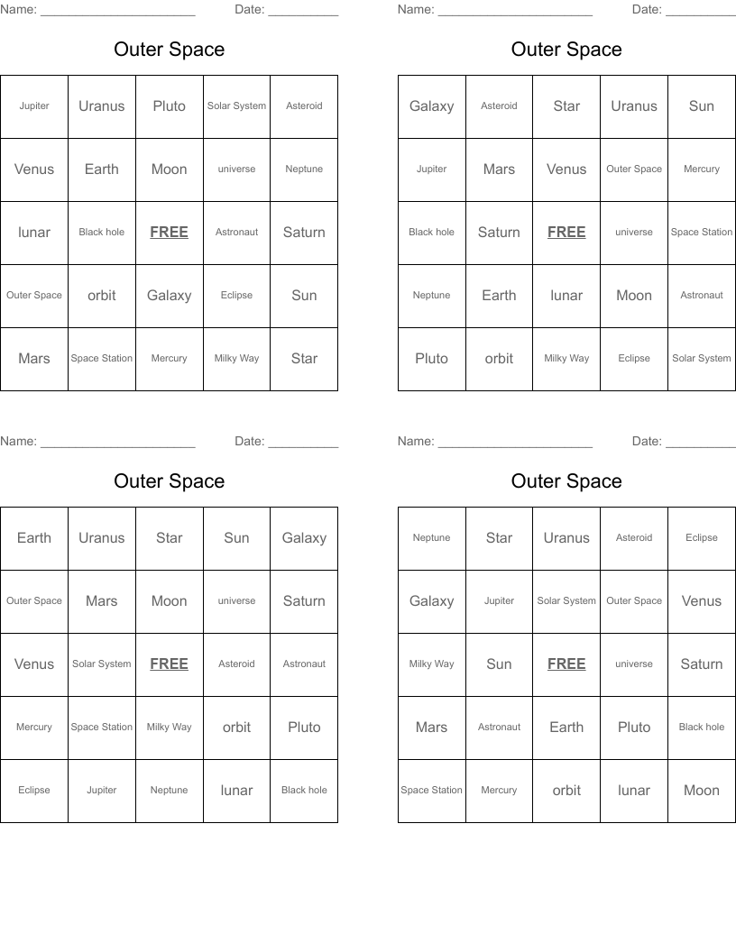 Outer Space Bingo Cards