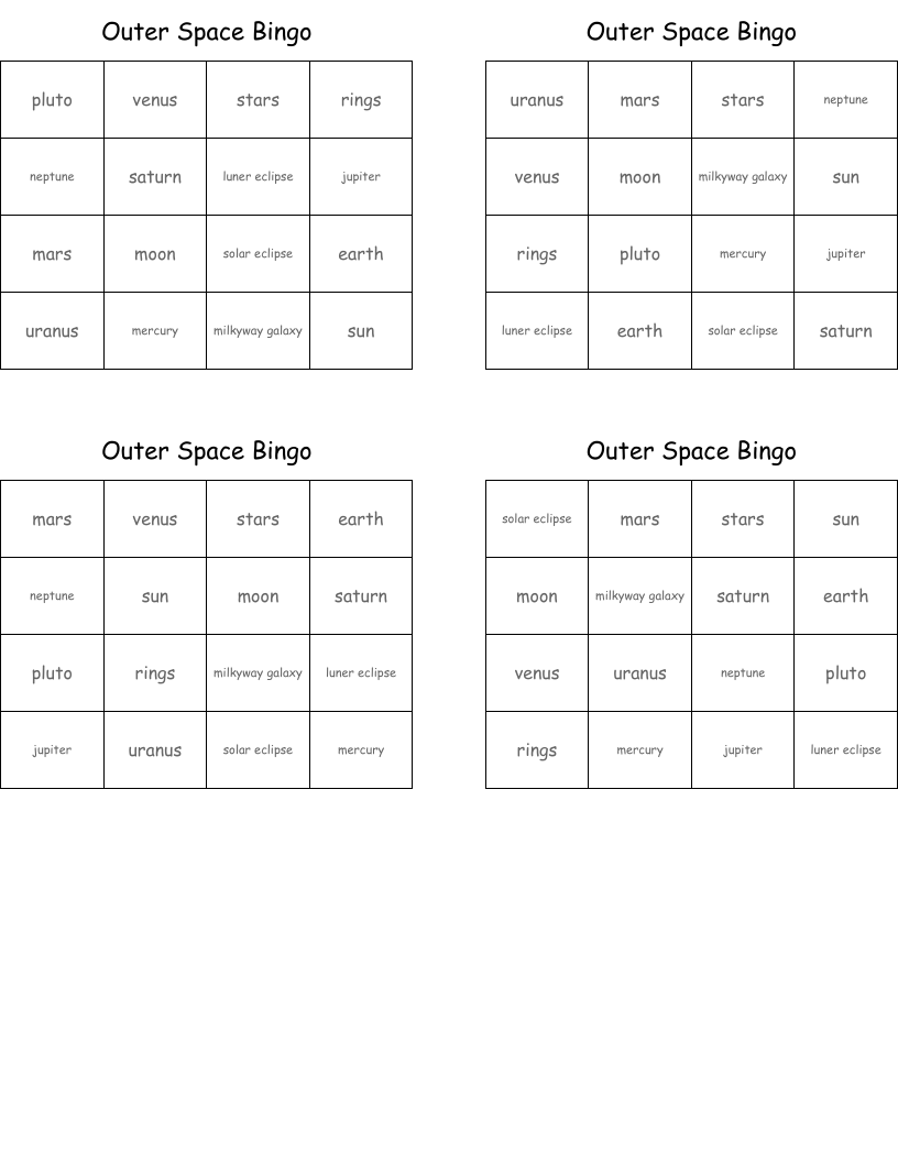 Outer Space Bingo