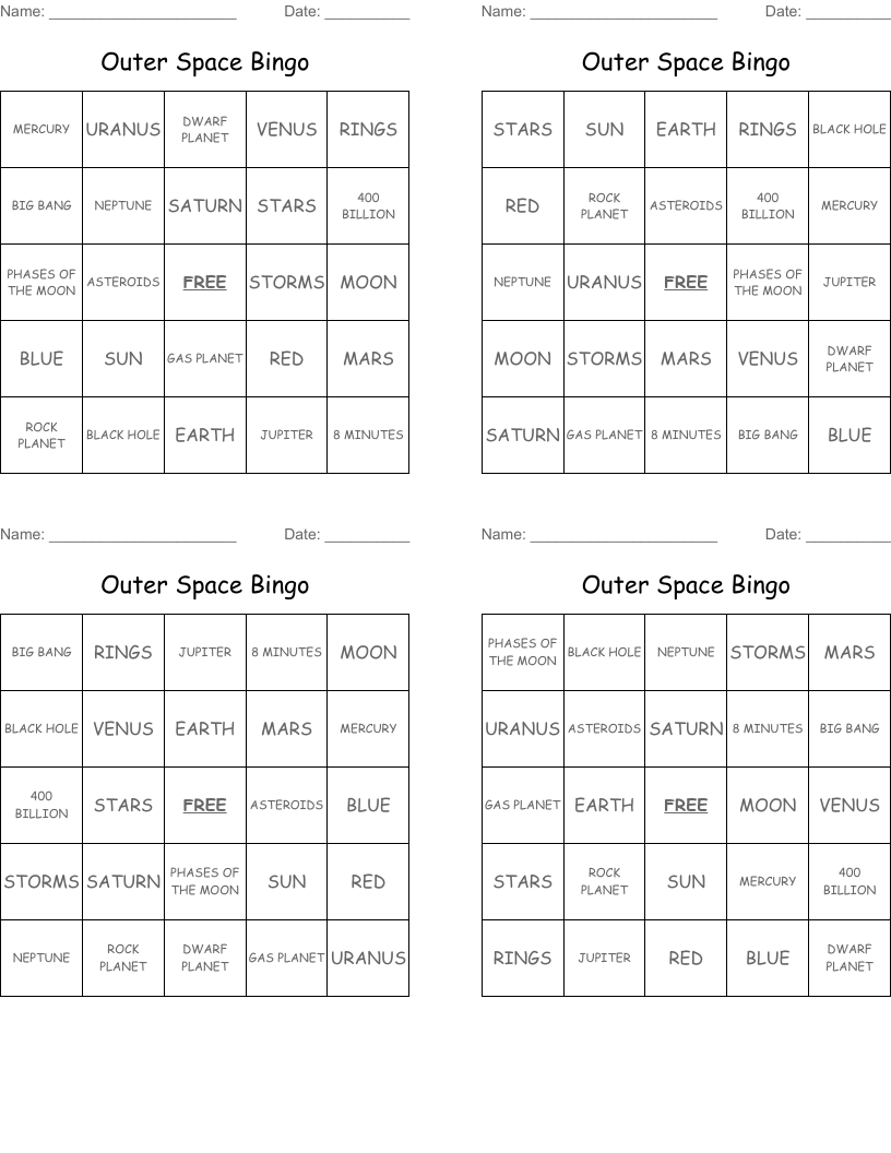 Outer Space Bingo 