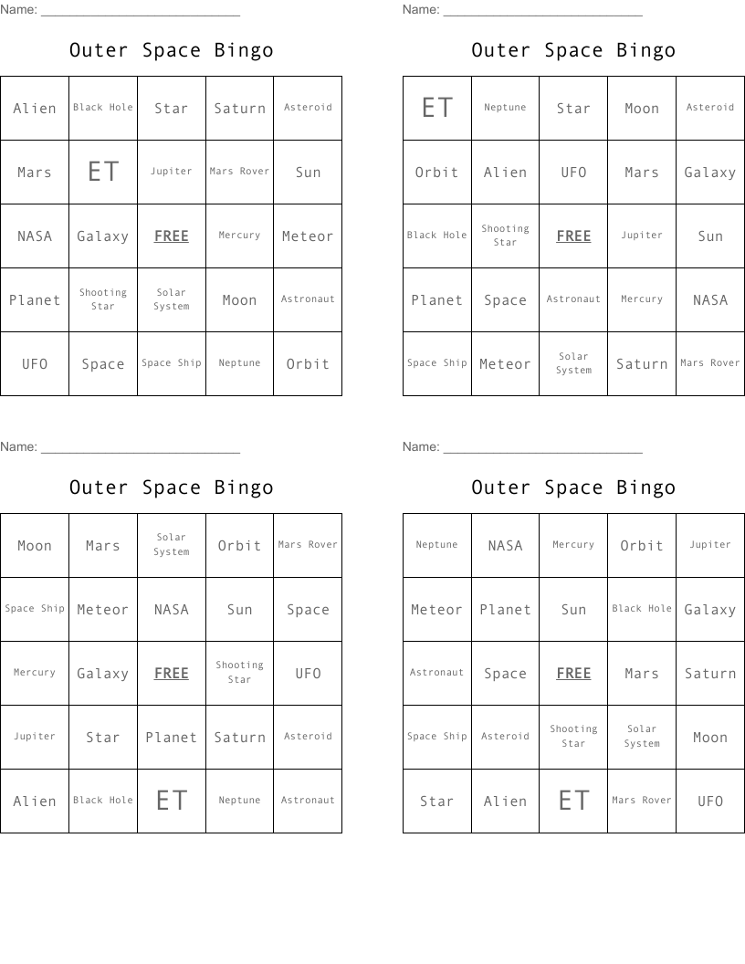 Outer Space Bingo 