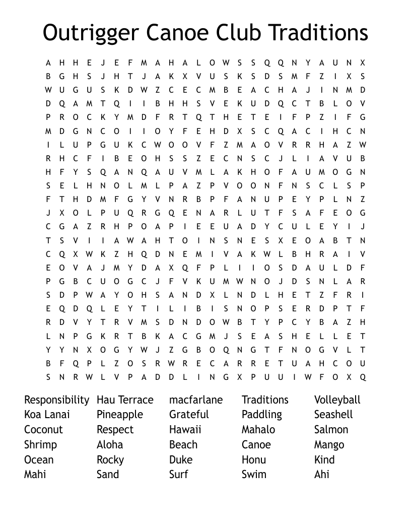 Outrigger Canoe Club Traditions Word Search