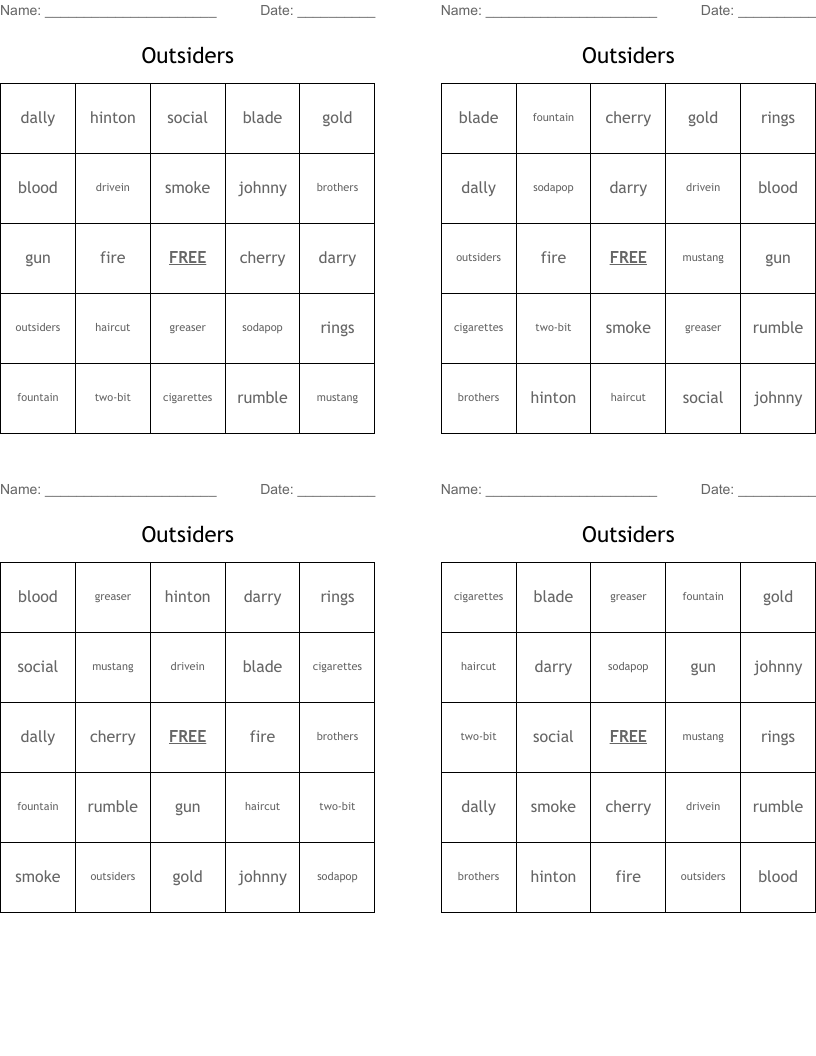 Outsiders Bingo Cards