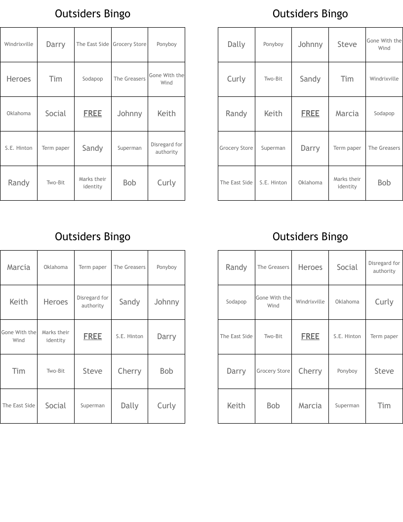 Outsiders Bingo