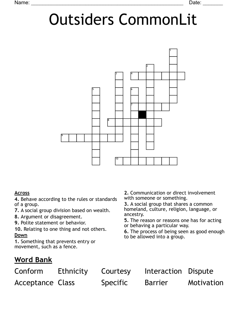 Outsiders CommonLit Crossword