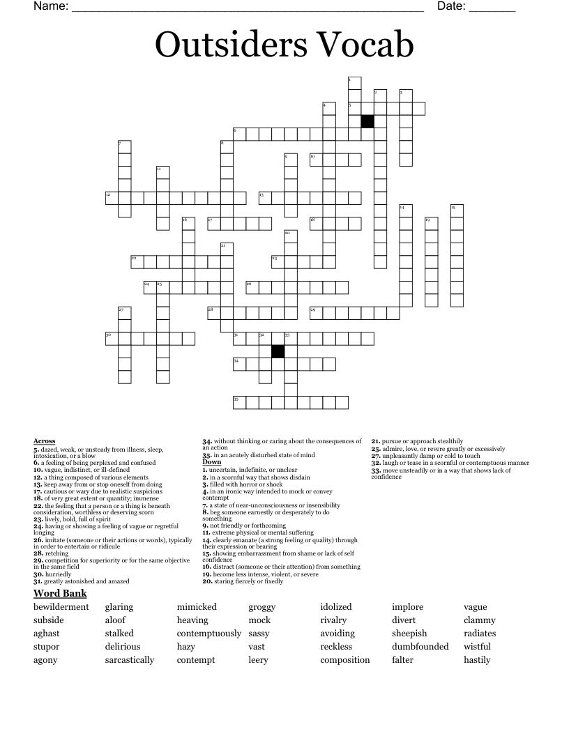 Outsiders Vocab Crossword