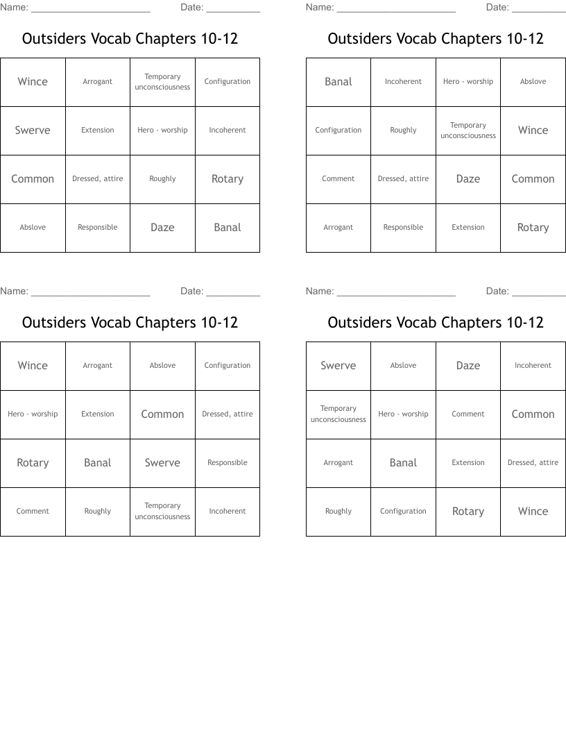 Outsiders Vocab Chapters 10-12 Bingo Cards