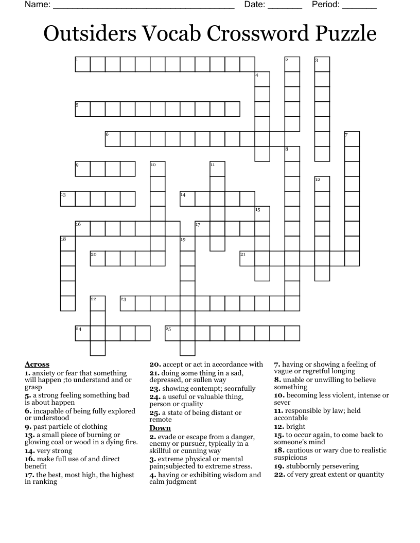Outsiders Vocab Crossword Puzzle