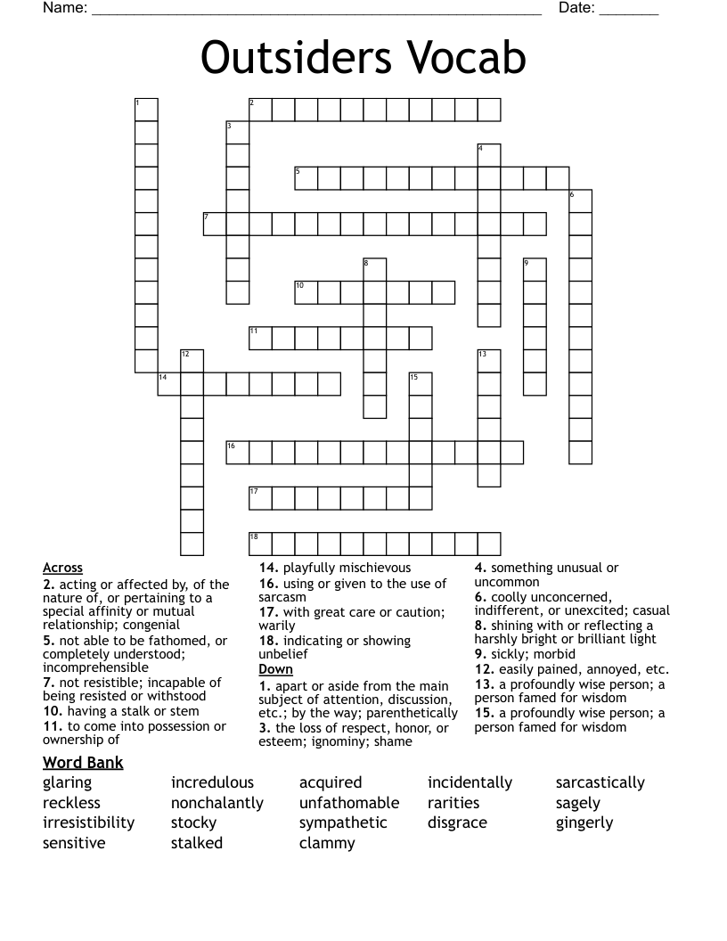 Outsiders Vocab   Crossword