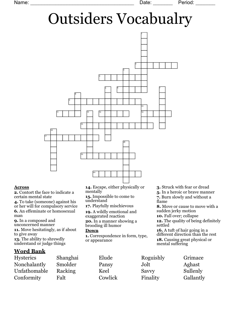 Outsiders Vocabualry Crossword