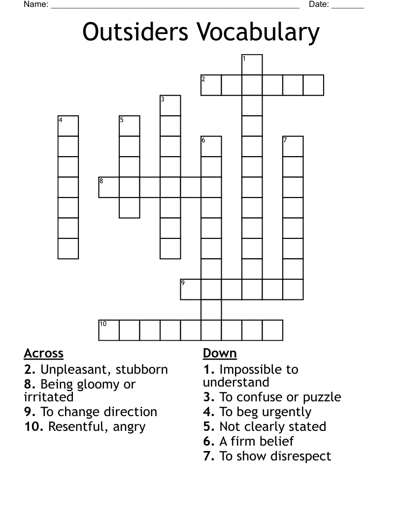 Outsiders Vocabulary Crossword