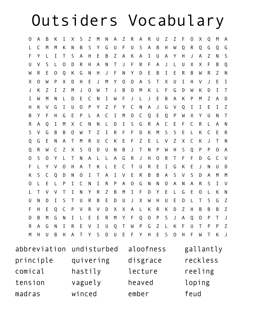 Outsiders Vocabulary Word Search